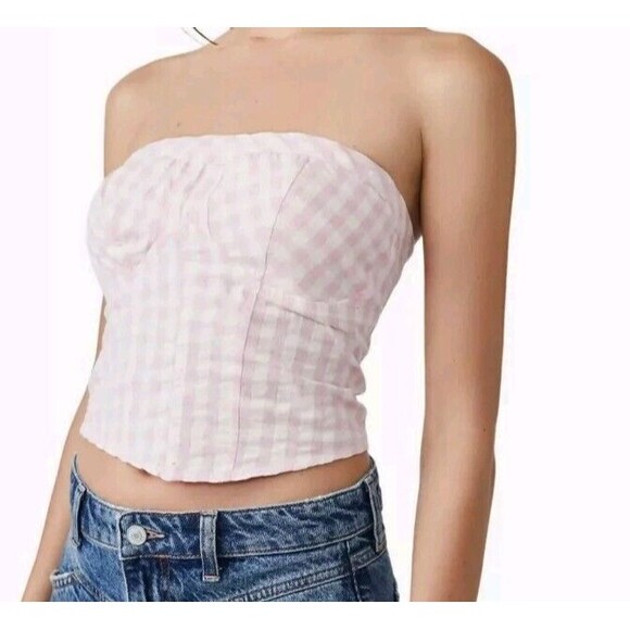 Free People Leilani Gingham Tube Top Corset NWT Pink White Smocked Back Size L - Picture 8 of 10